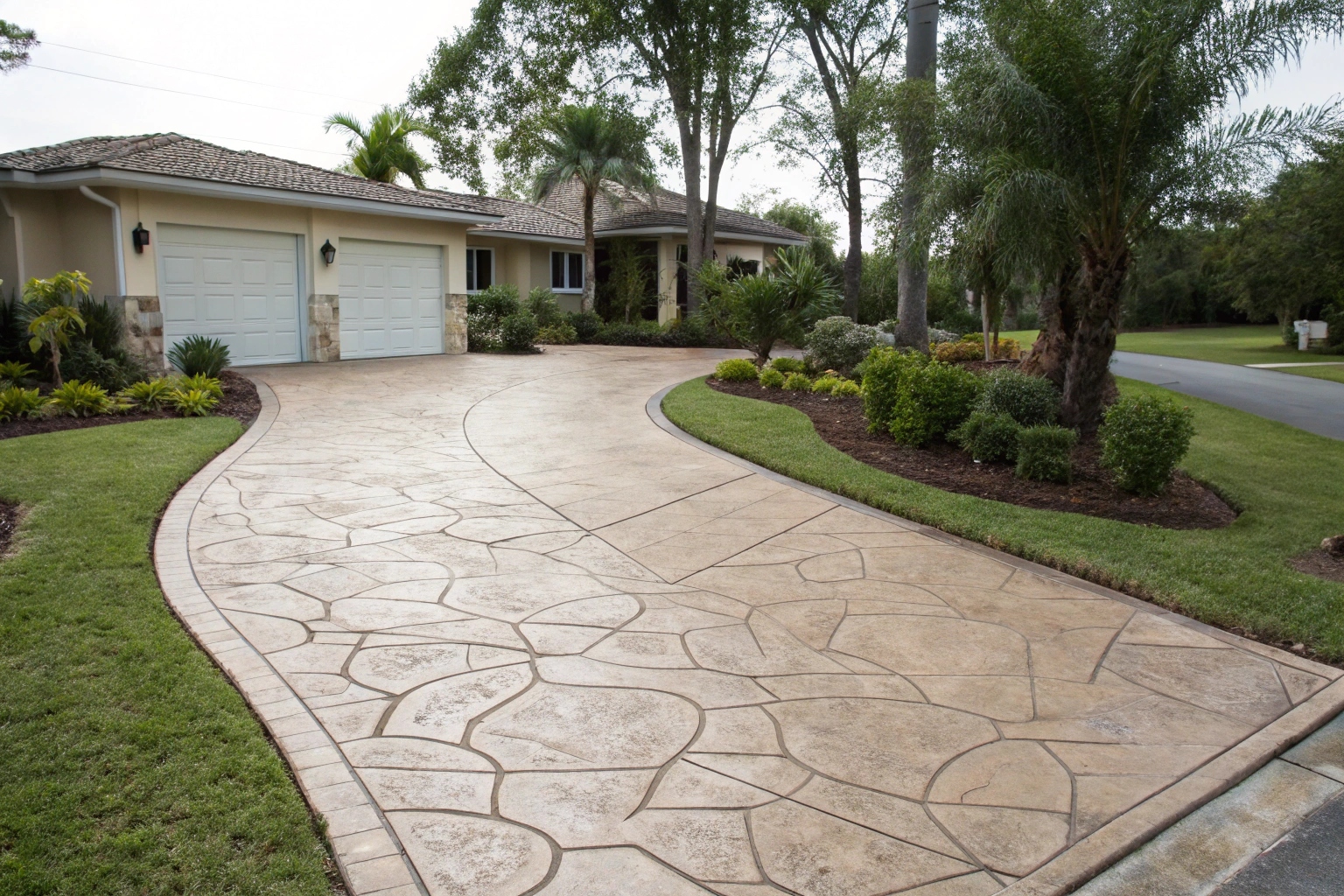 Decorative concrete overlay driveway with stamped stone pattern at Brisbane residential property